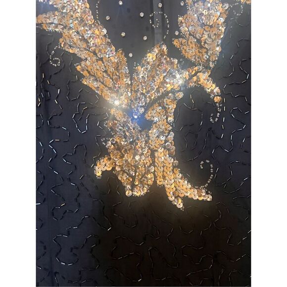 Vintage Jaqueline Ferrar 12 Sequin Beaded Sheath Dress Black Gold Party Cocktail - Picture 10 of 14